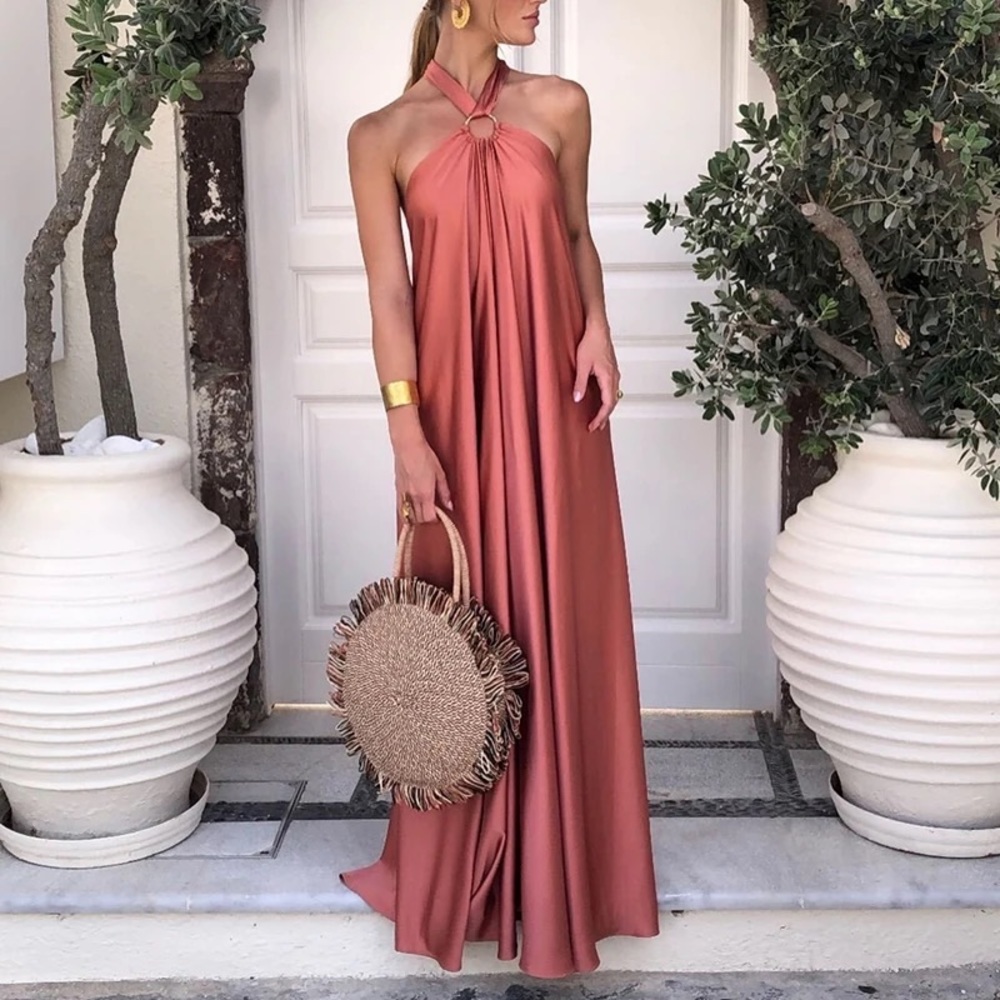Boho Coral Satin Flowy Summer Shine Maxi Dress, A Line Long Resortwear Maxi Gown